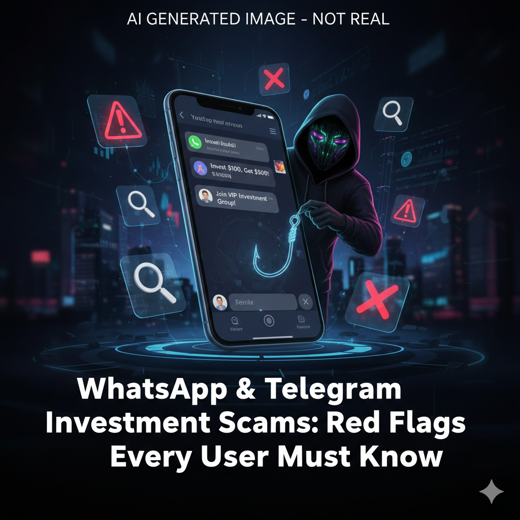 You said create AI image for "WhatsApp & Telegram Investment Scams: Red Flags Every User Must Know"